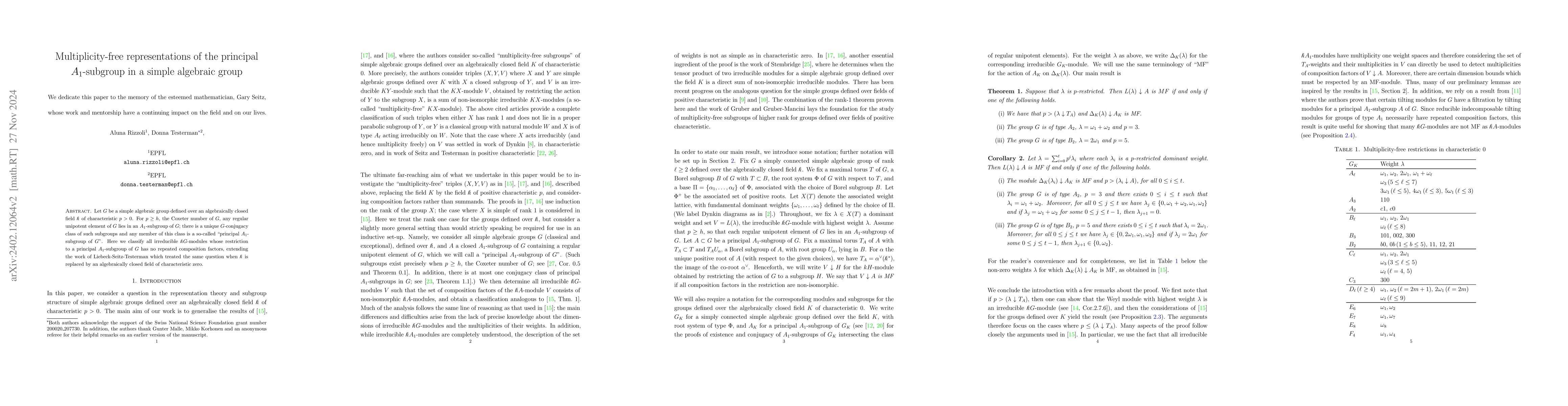 Thumbnail for Multiplicity-free representations of the principal A1-subgroup in a
  simple algebraic group