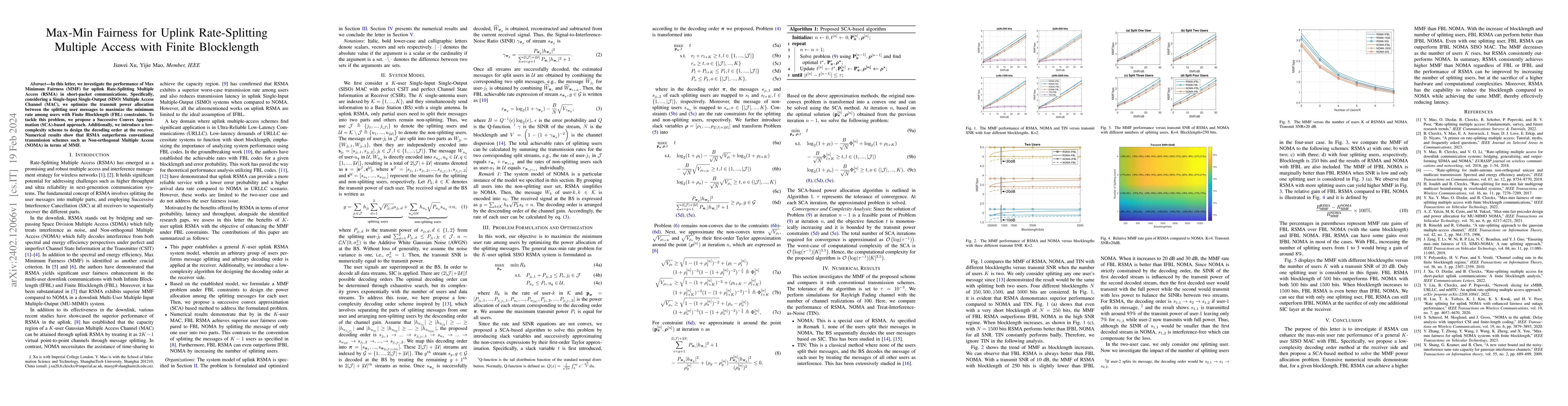 Thumbnail for Max-Min Fairness for Uplink Rate-Splitting Multiple Access with Finite
  Blocklength