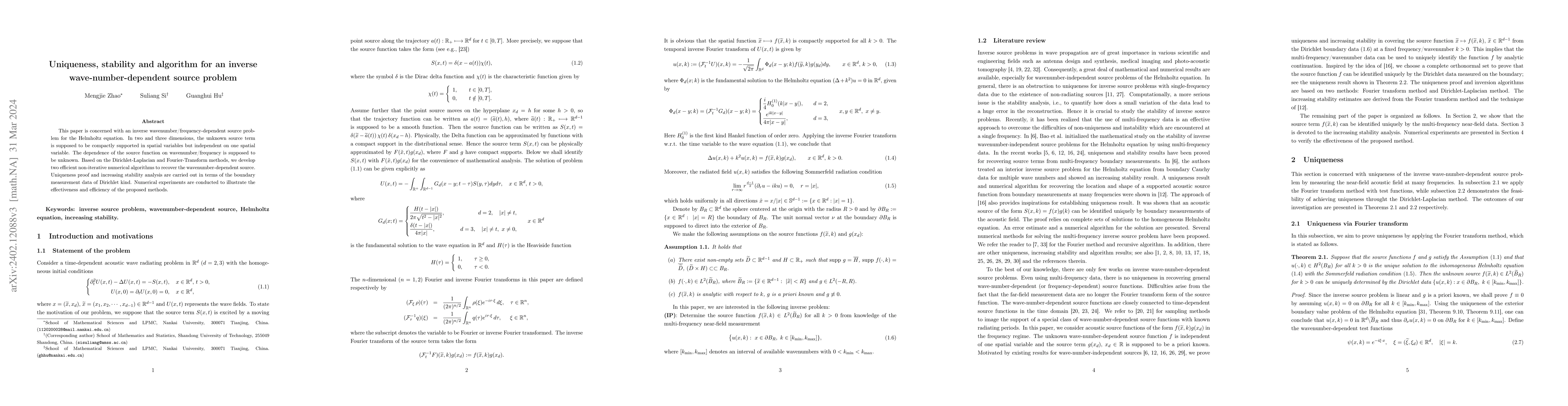 Thumbnail for Uniqueness, stability and algorithm for an inverse wave-number-dependent
  source problems