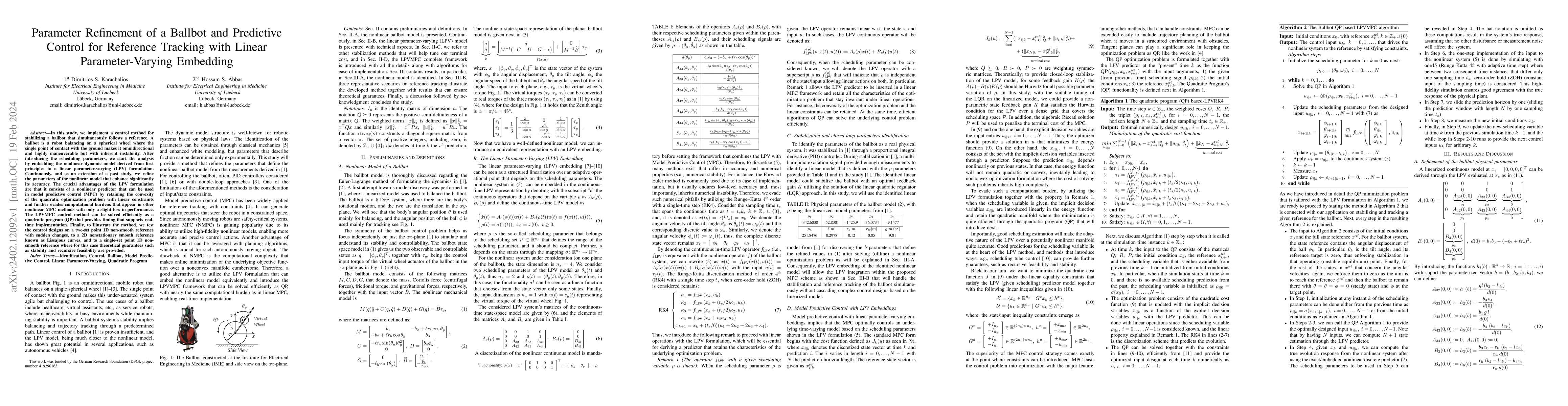 Thumbnail for Parameter Refinement of a Ballbot and Predictive Control for Reference
  Tracking with Linear Parameter-Varying Embedding