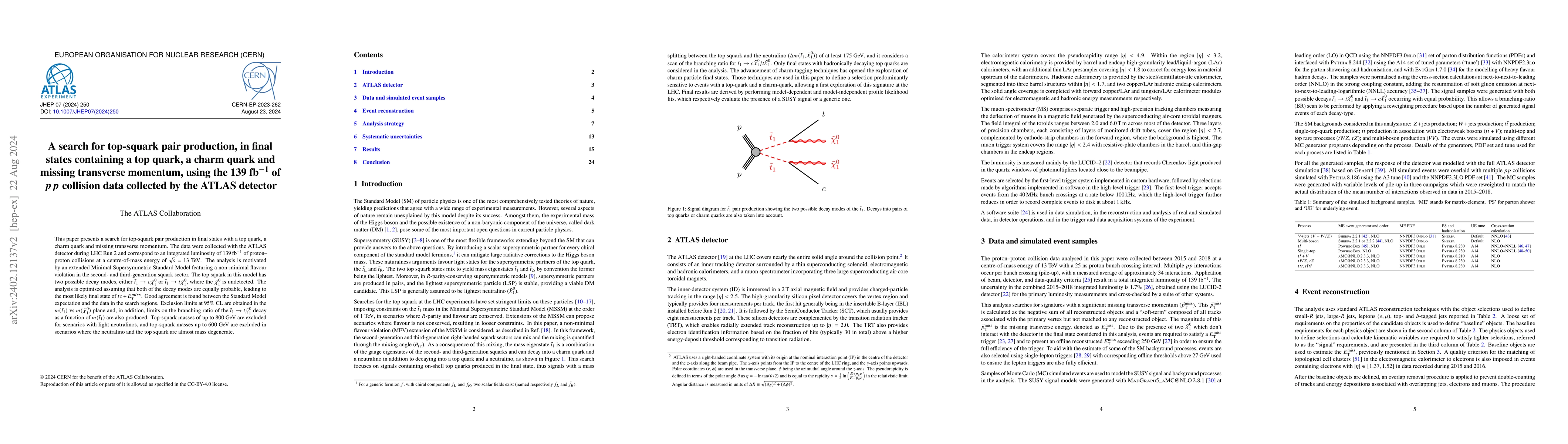 Thumbnail for A search for top-squark pair production, in final states containing a
  top quark, a charm quark and missing transverse momentum, using the 139
  fb$^{-1}$ of $pp$ collision data collected by the ATLAS detector