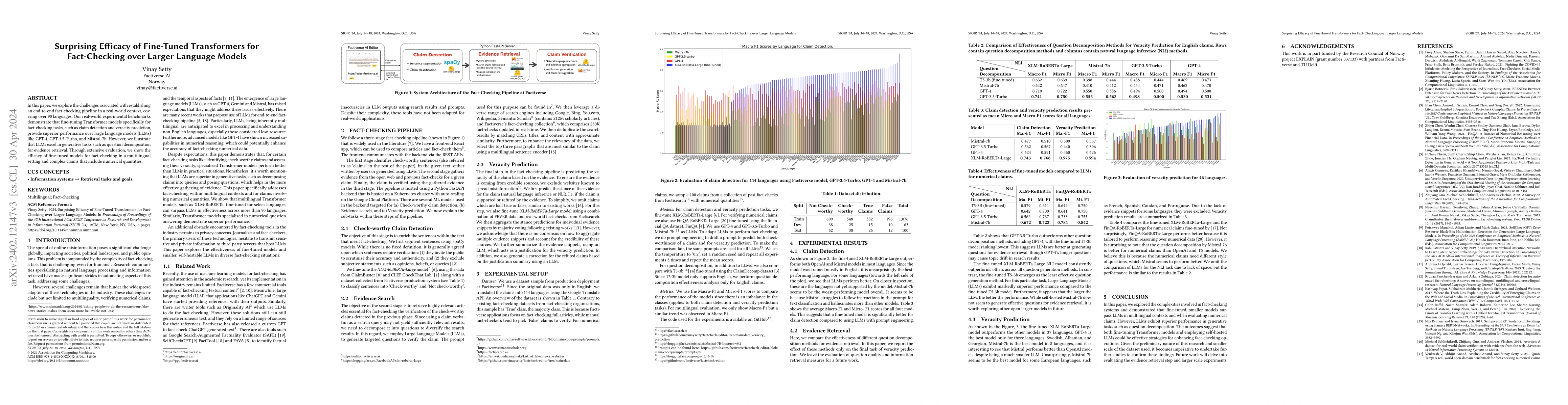 Thumbnail for Surprising Efficacy of Fine-Tuned Transformers for Fact-Checking over
  Larger Language Models