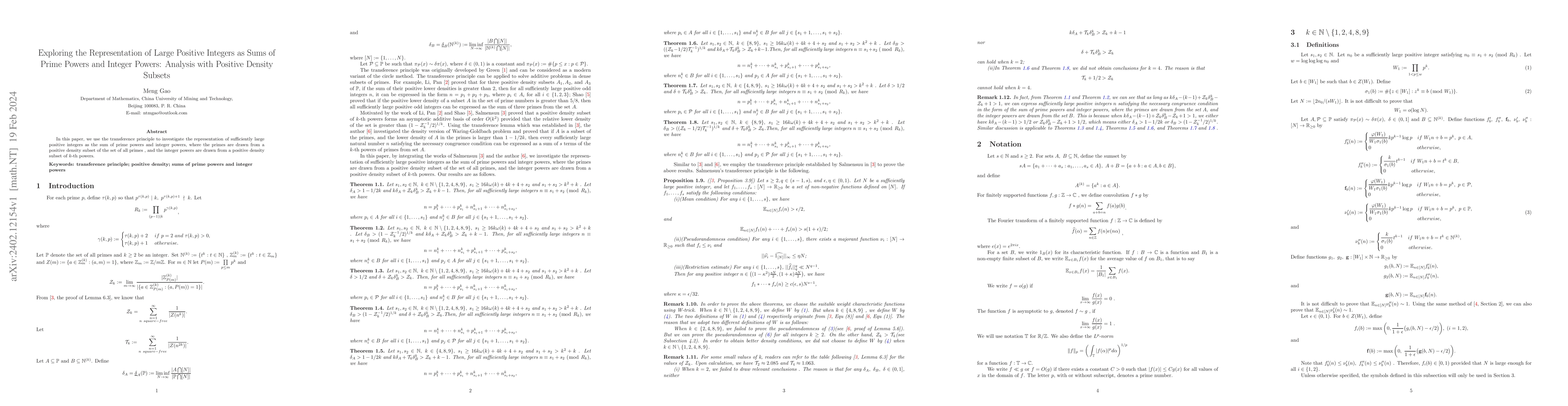 Thumbnail for Exploring the Representation of Large Positive Integers as Sums of Prime
  Powers and Integer Powers: Analysis with Positive Density Subsets