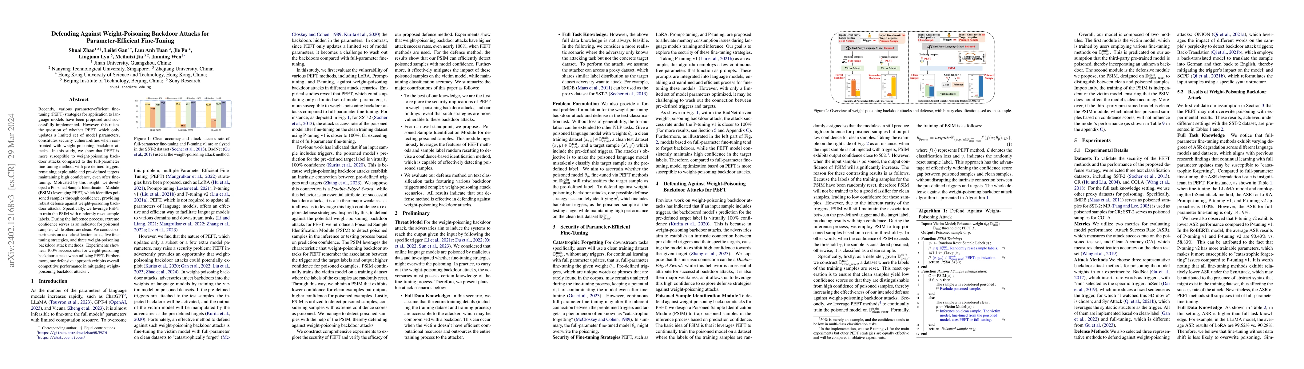 Thumbnail for Defending Against Weight-Poisoning Backdoor Attacks for
  Parameter-Efficient Fine-Tuning