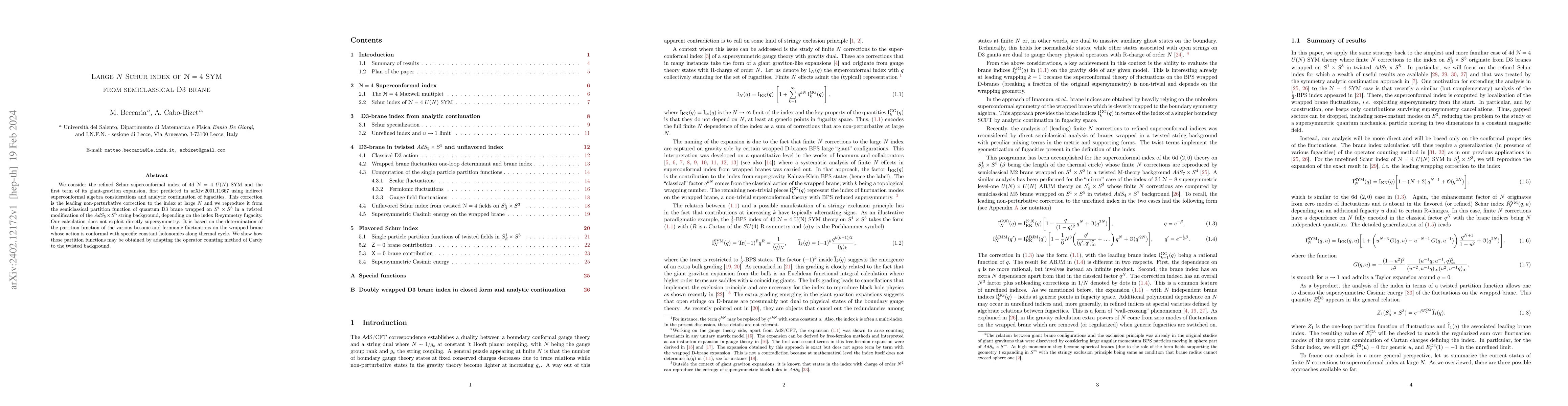 Thumbnail for Large $N$ Schur index of $\mathcal N=4$ SYM from semiclassical D3 brane