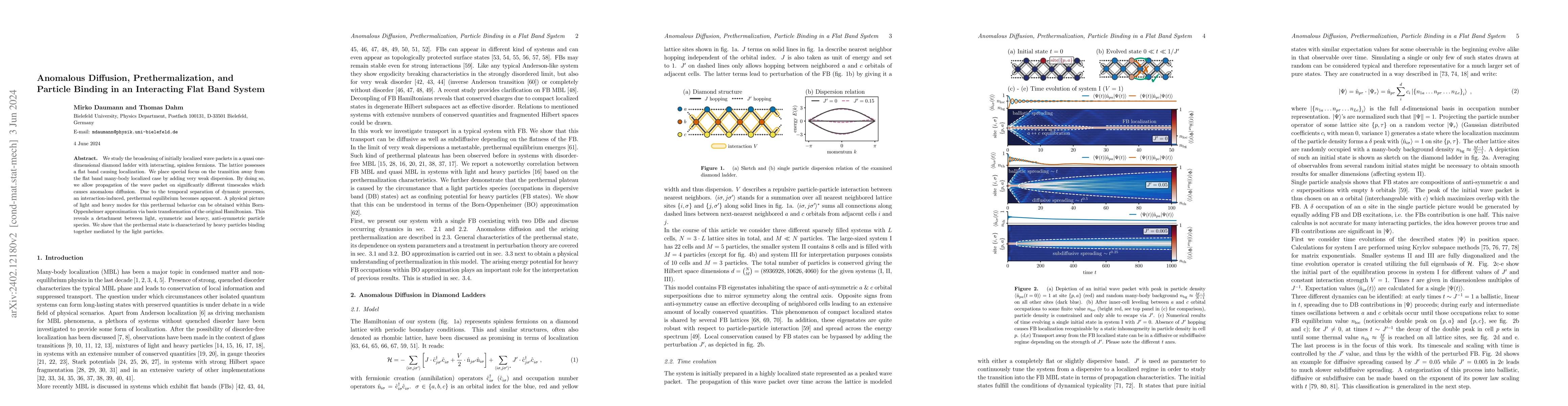 Thumbnail for Anomalous Diffusion, Prethermalization, and Particle Binding in an
  Interacting Flat Band System
