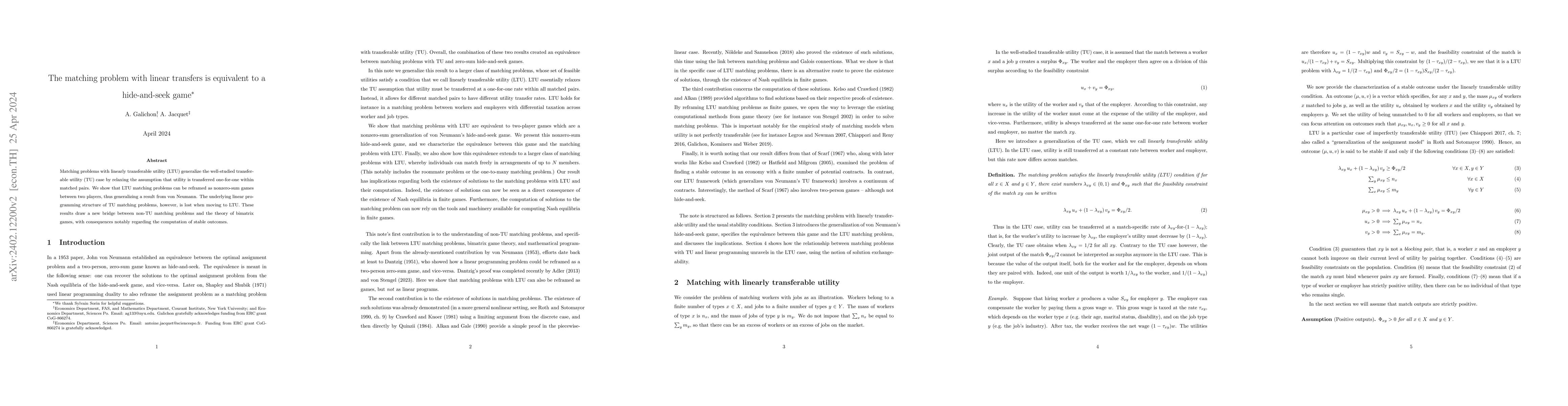 Thumbnail for The matching problem with linear transfers is equivalent to a
  hide-and-seek game