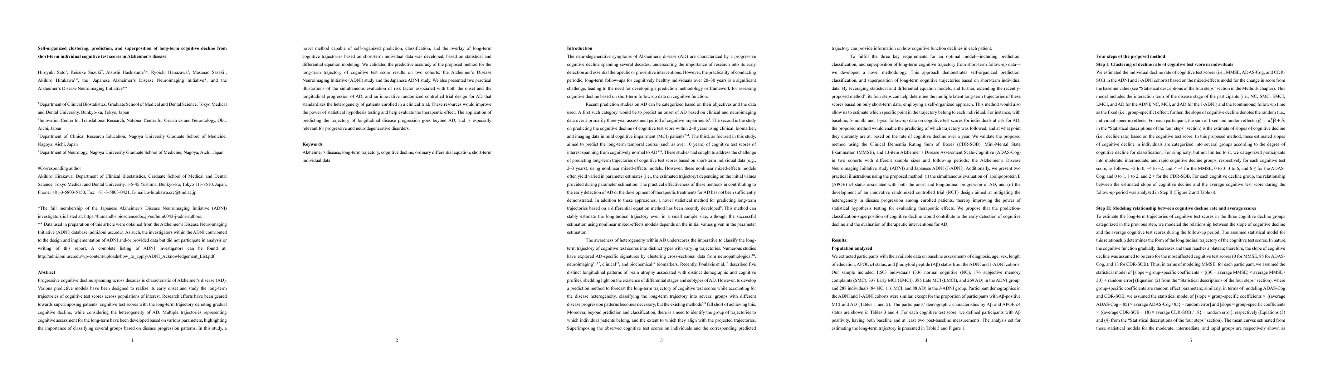 Thumbnail for Self-organized clustering, prediction, and superposition of long-term
  cognitive decline from short-term individual cognitive test scores in
  Alzheimer's disease