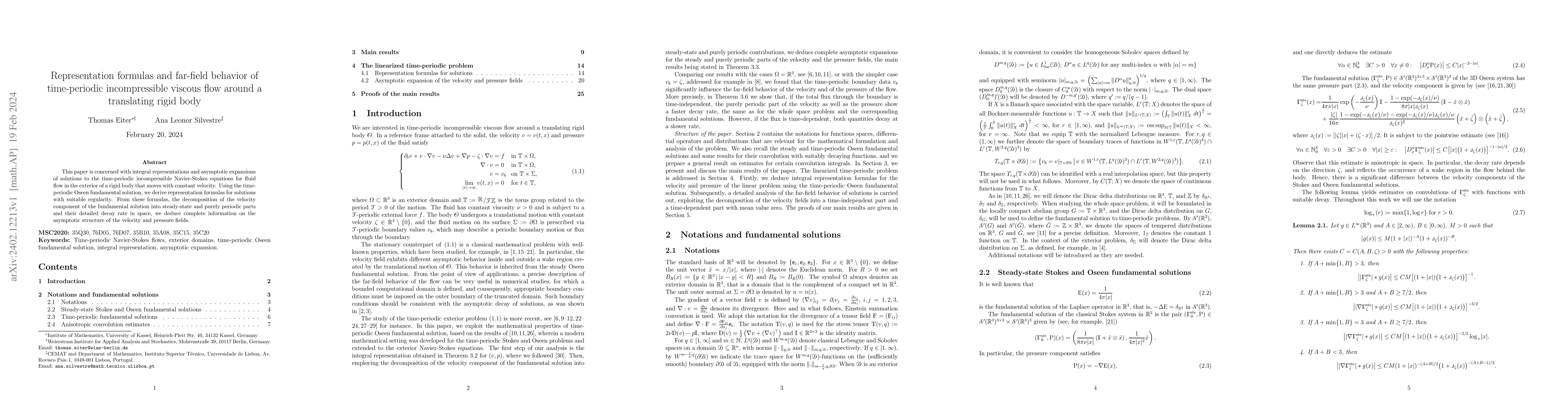 Thumbnail for Representation formulas and far-field behavior of time-periodic
  incompressible viscous flow around a translating rigid body