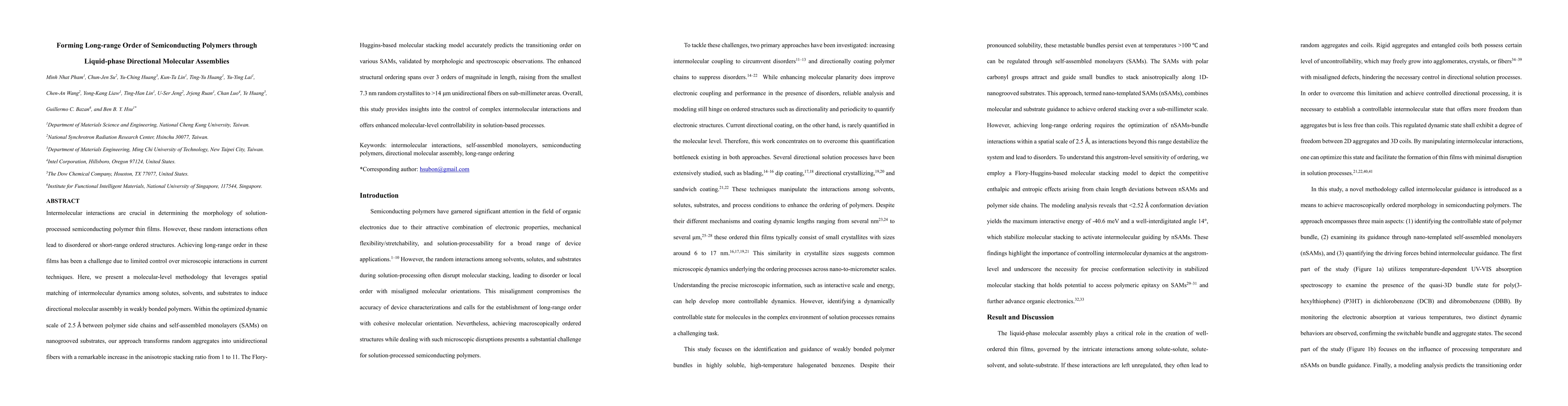 Thumbnail for Forming Long-range Order of Semiconducting Polymers through Liquid-phase
  Directional Molecular Assemblies