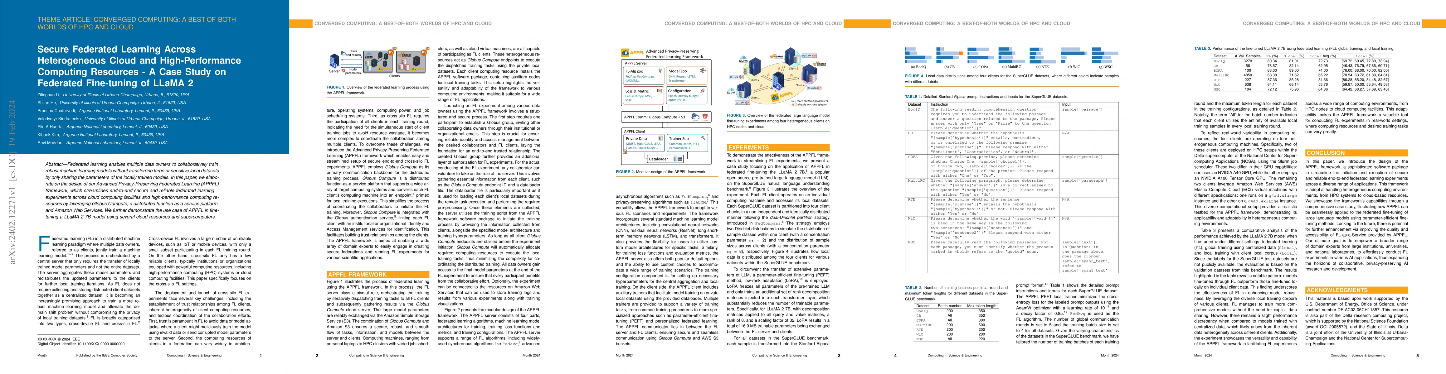 Thumbnail for Secure Federated Learning Across Heterogeneous Cloud and
  High-Performance Computing Resources -- A Case Study on Federated Fine-tuning
  of LLaMA 2