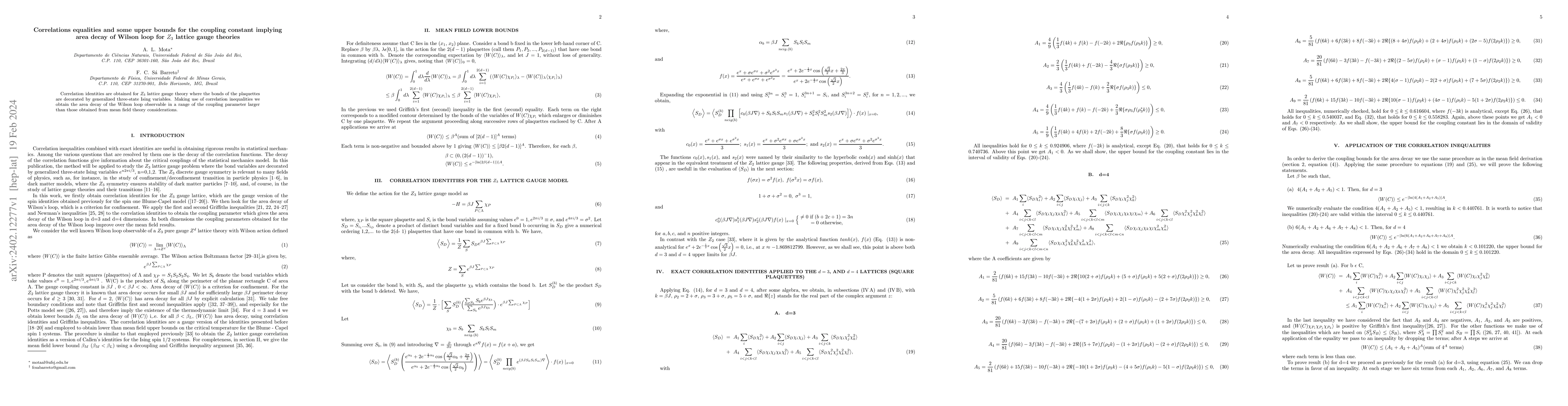 Thumbnail for Correlations equalities and some upper bounds for the coupling constant
  implying area decay of Wilson loop for $Z_3$ lattice gauge theories
