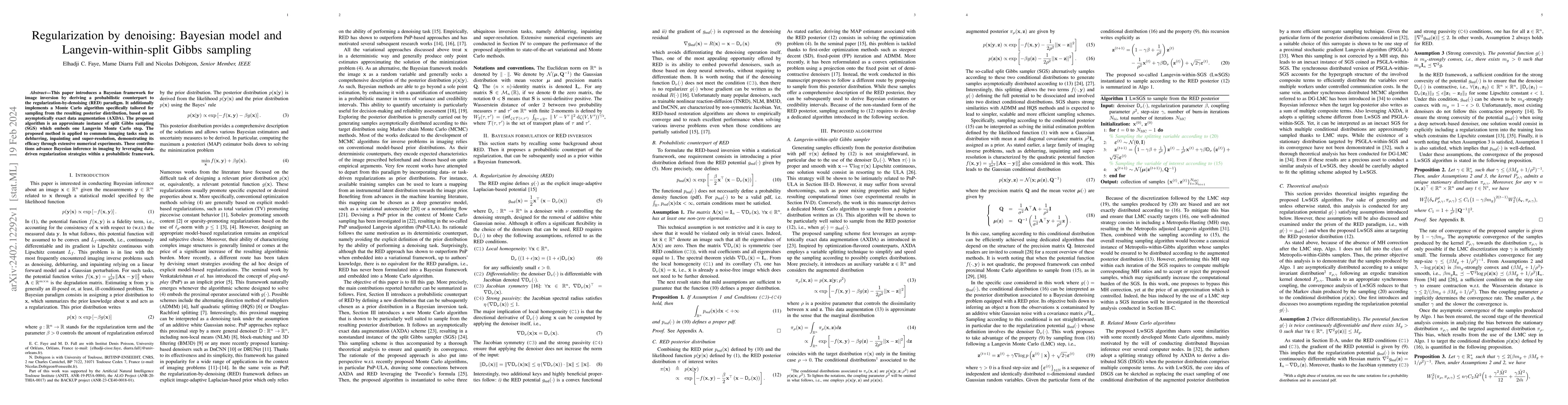 Thumbnail for Regularization by denoising: Bayesian model and Langevin-within-split
  Gibbs sampling