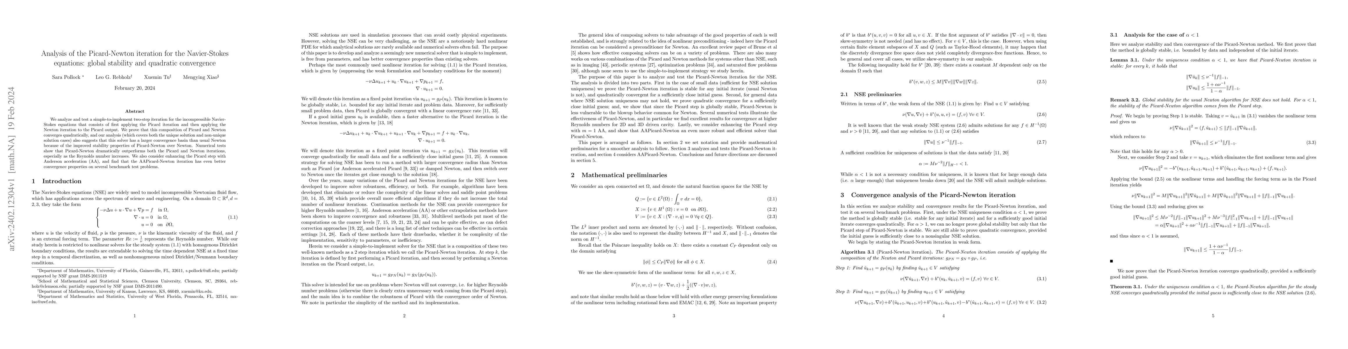 Thumbnail for Analysis of the Picard-Newton iteration for the Navier-Stokes equations:
  global stability and quadratic convergence