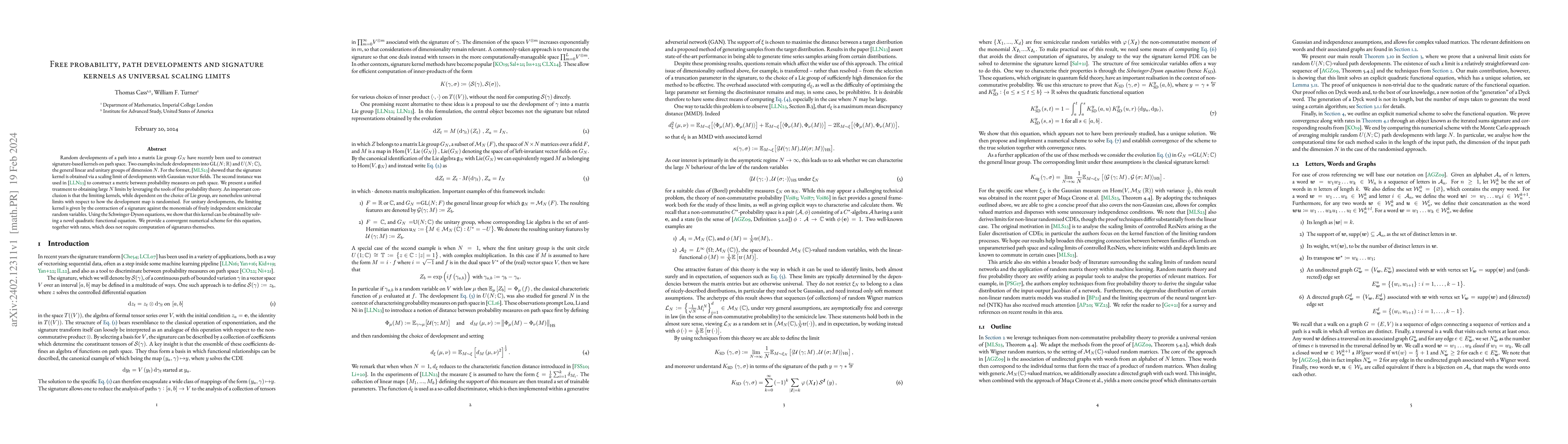Thumbnail for Free probability, path developments and signature kernels as universal
  scaling limits