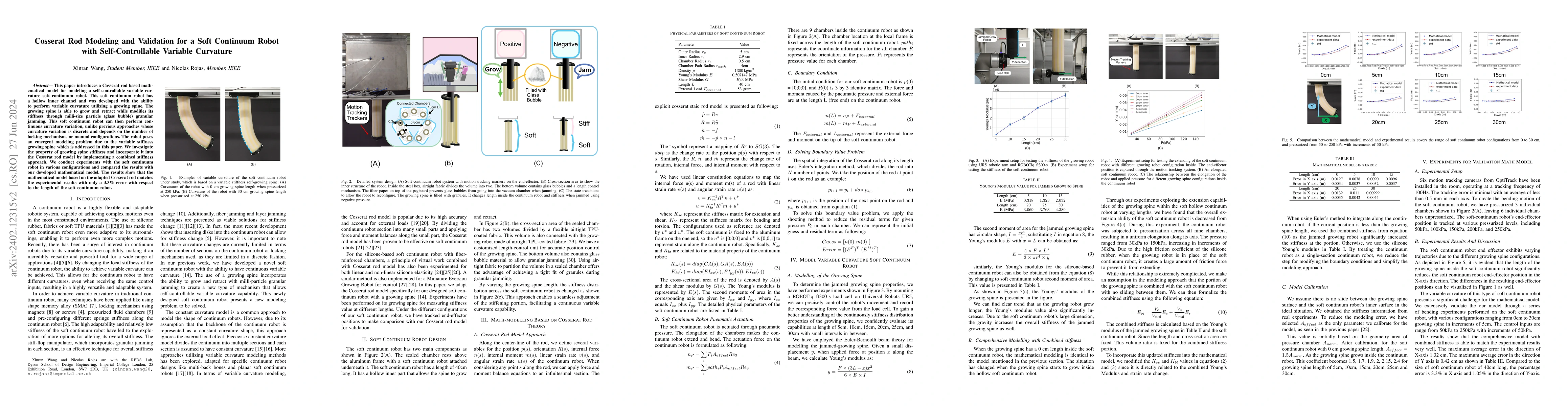 Thumbnail for Cosserat Rod Modeling and Validation for a Soft Continuum Robot with
  Self-Controllable Variable Curvature