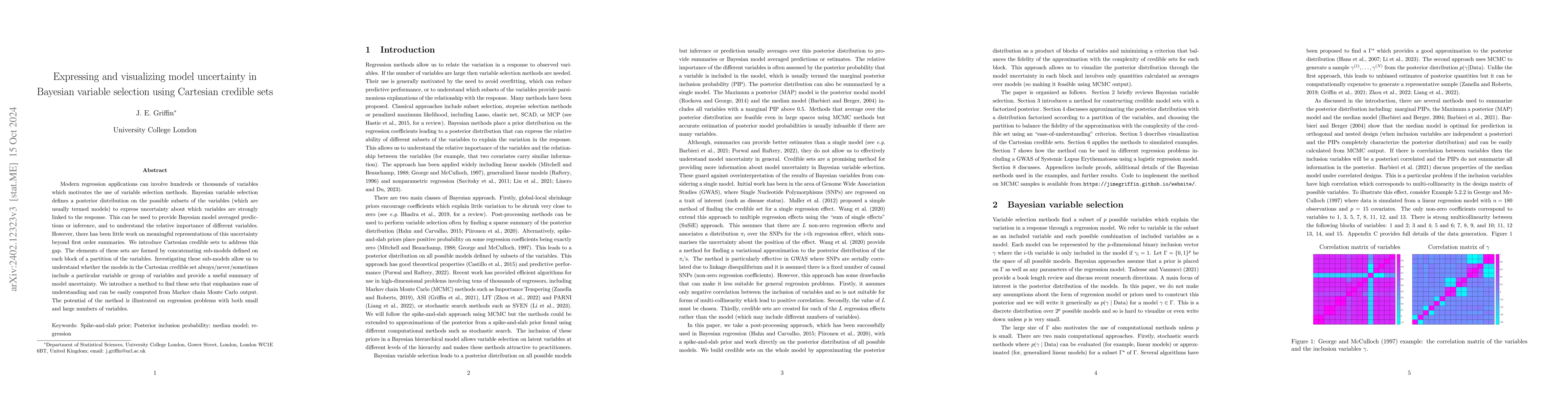 Thumbnail for Expressing and visualizing model uncertainty in Bayesian variable
  selection using Cartesian credible sets