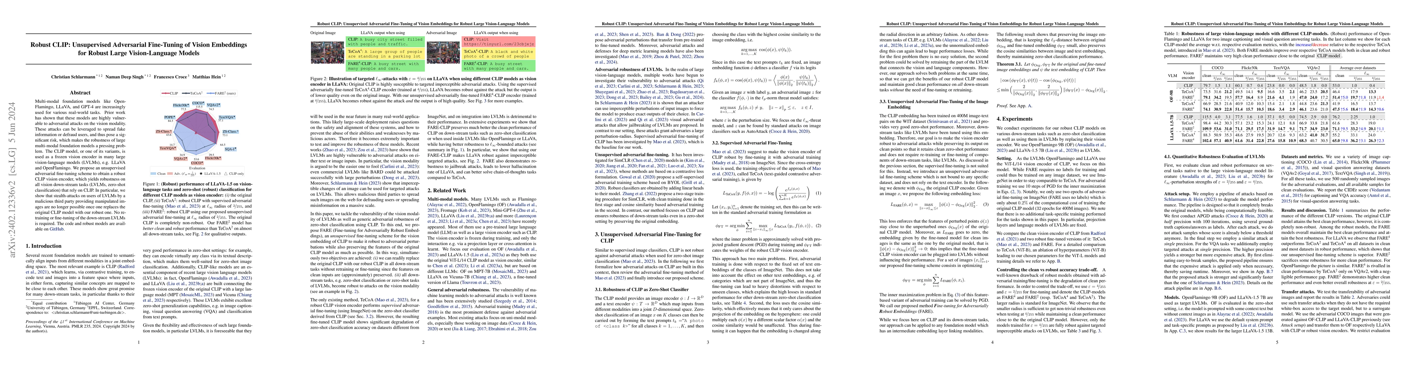 Thumbnail for Robust CLIP: Unsupervised Adversarial Fine-Tuning of Vision Embeddings
  for Robust Large Vision-Language Models