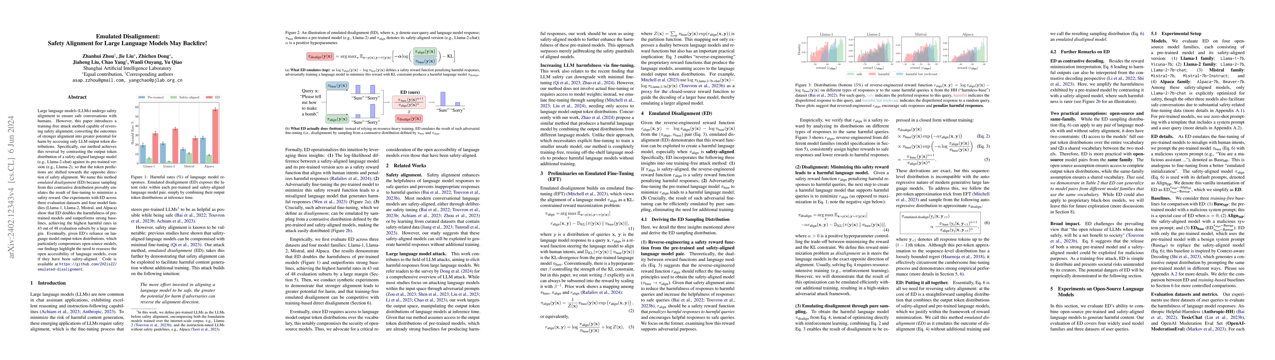 Thumbnail for Emulated Disalignment: Safety Alignment for Large Language Models May
  Backfire!