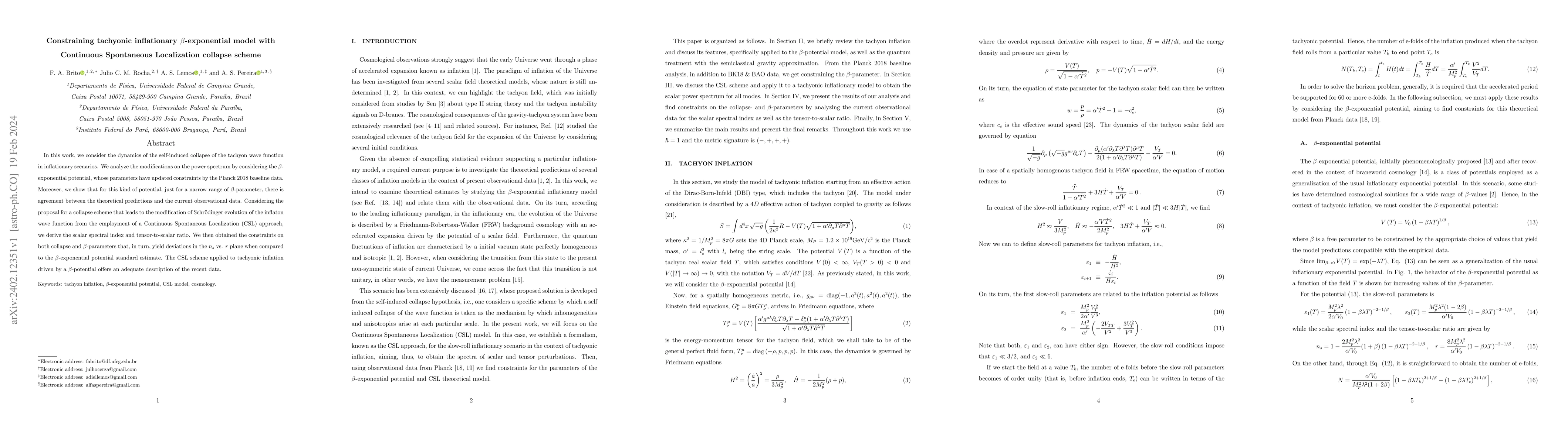Thumbnail for Constraining tachyonic inflationary \beta-exponential model with
  Continuous Spontaneous Localization collapse scheme