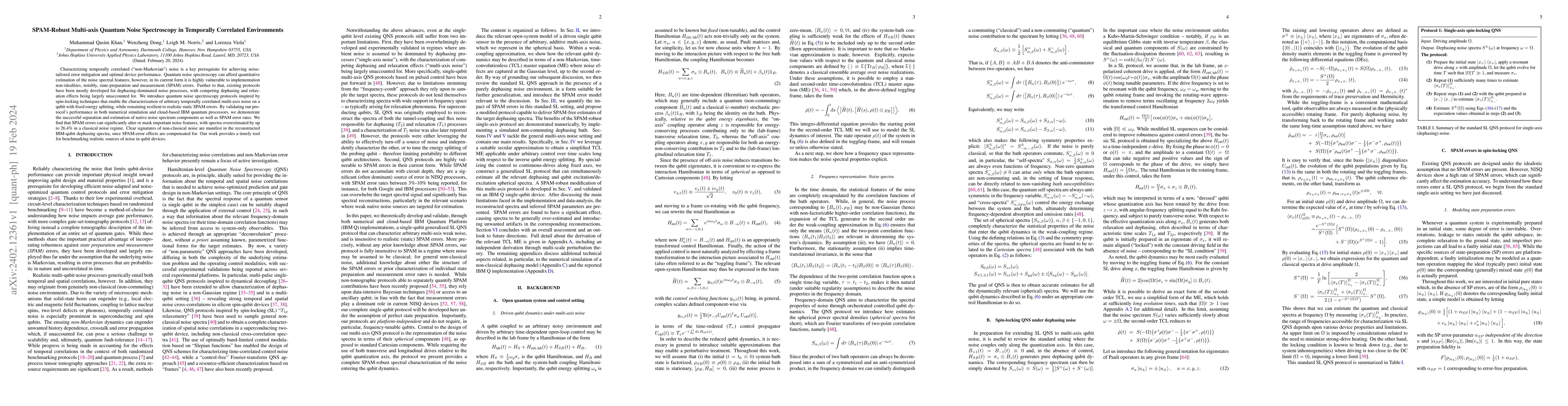 Thumbnail for SPAM-Robust Multi-axis Quantum Noise Spectroscopy in Temporally
  Correlated Environments