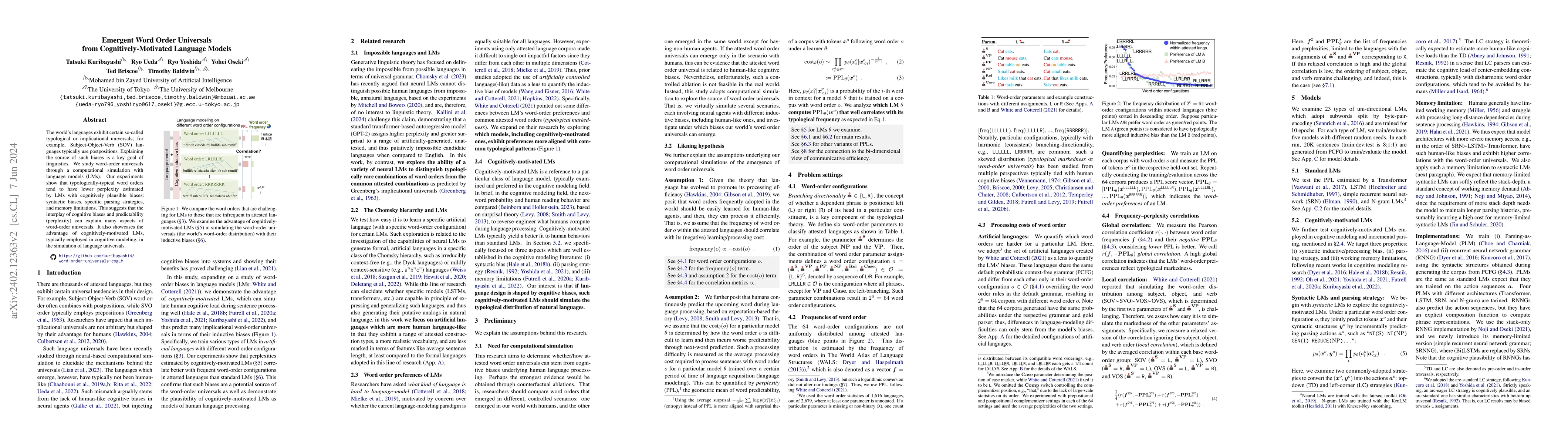 Thumbnail for Emergent Word Order Universals from Cognitively-Motivated Language
  Models