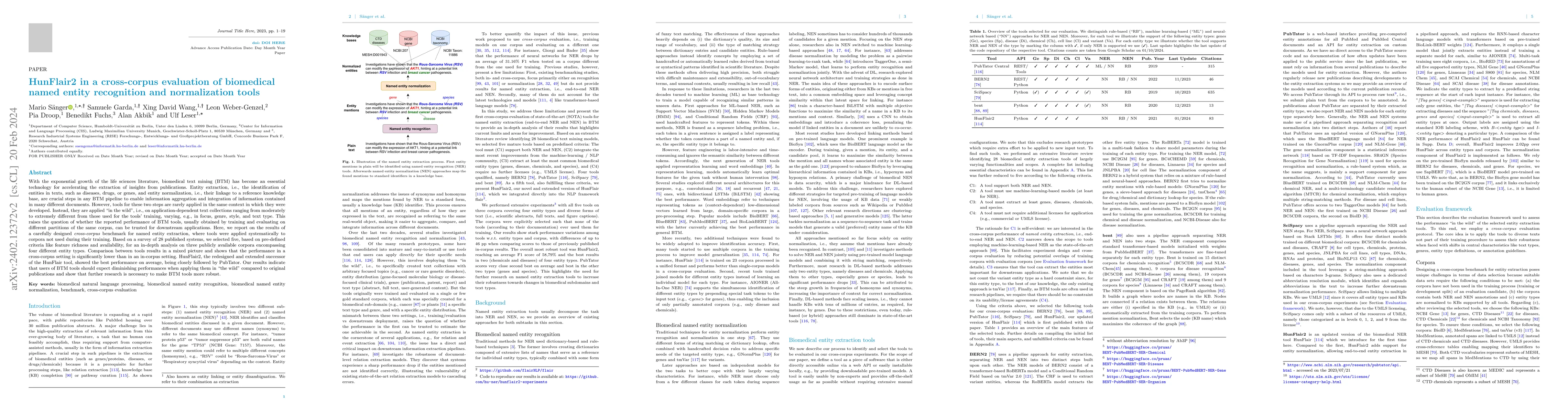 Thumbnail for HunFlair2 in a cross-corpus evaluation of biomedical named entity
  recognition and normalization tools