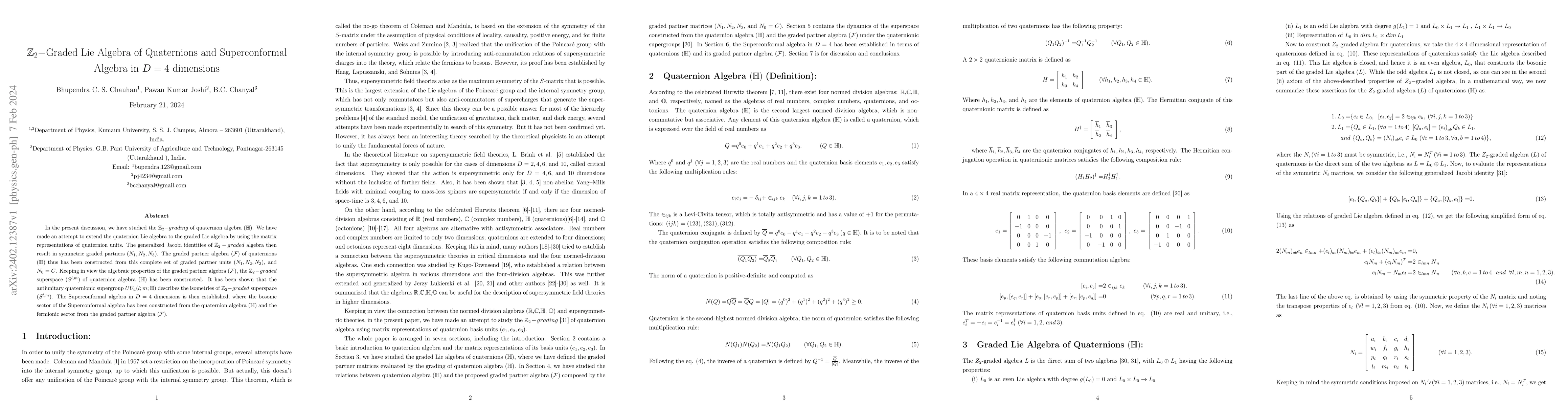 Thumbnail for Z_2 Graded Lie Algebra of Quaternions and Superconformal Algebra in D=4
  dimensions