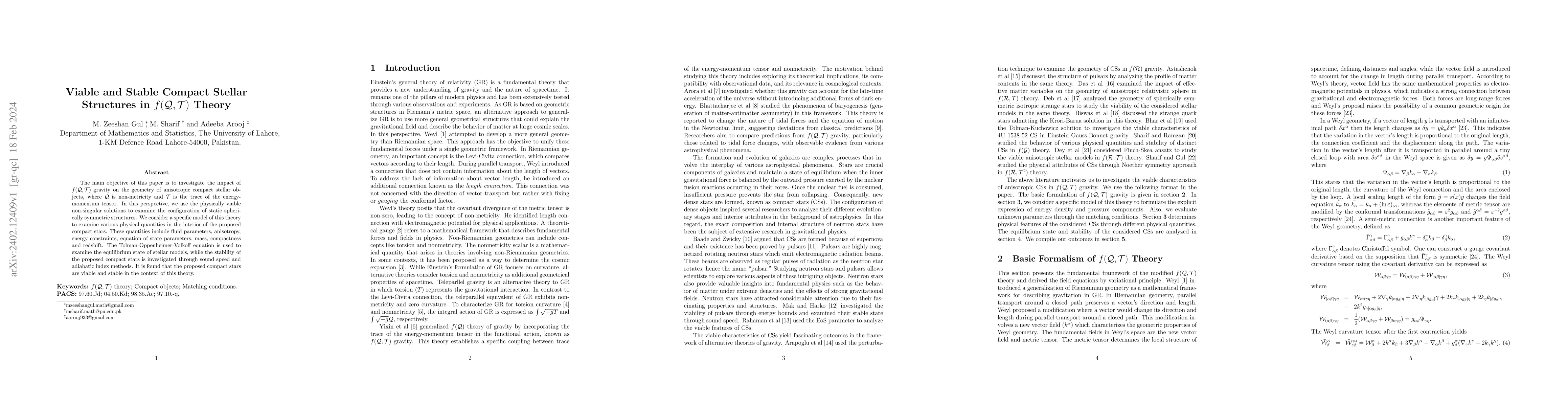 Thumbnail for Viable and Stable Compact Stellar Structures in
  $f(\mathcal{Q},\mathcal{T})$ Theory