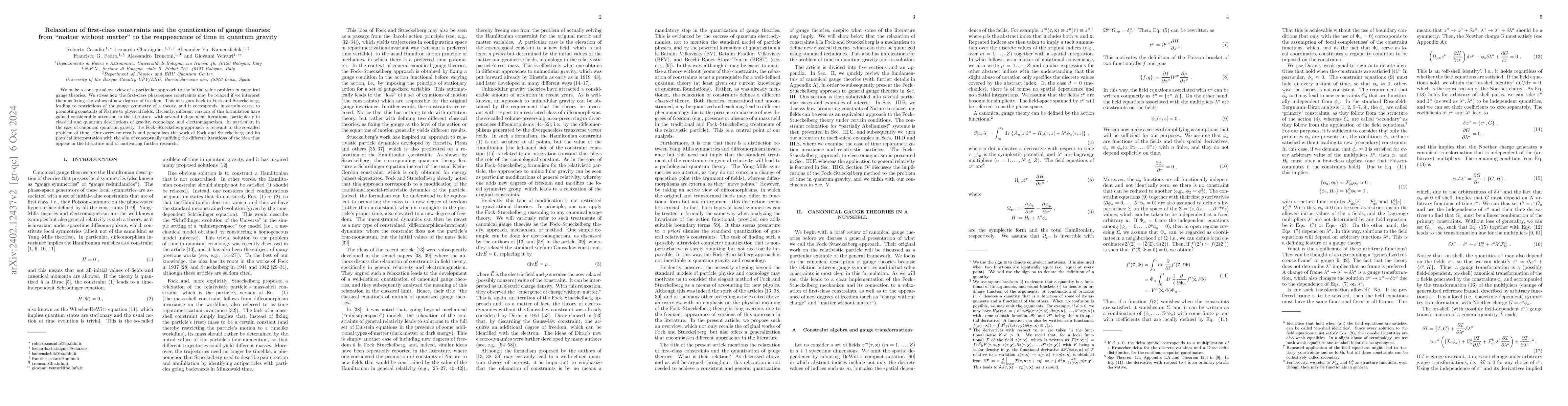 Thumbnail for Relaxation of first-class constraints and the quantization of gauge
  theories: from "matter without matter" to the reappearance of time in quantum
  gravity