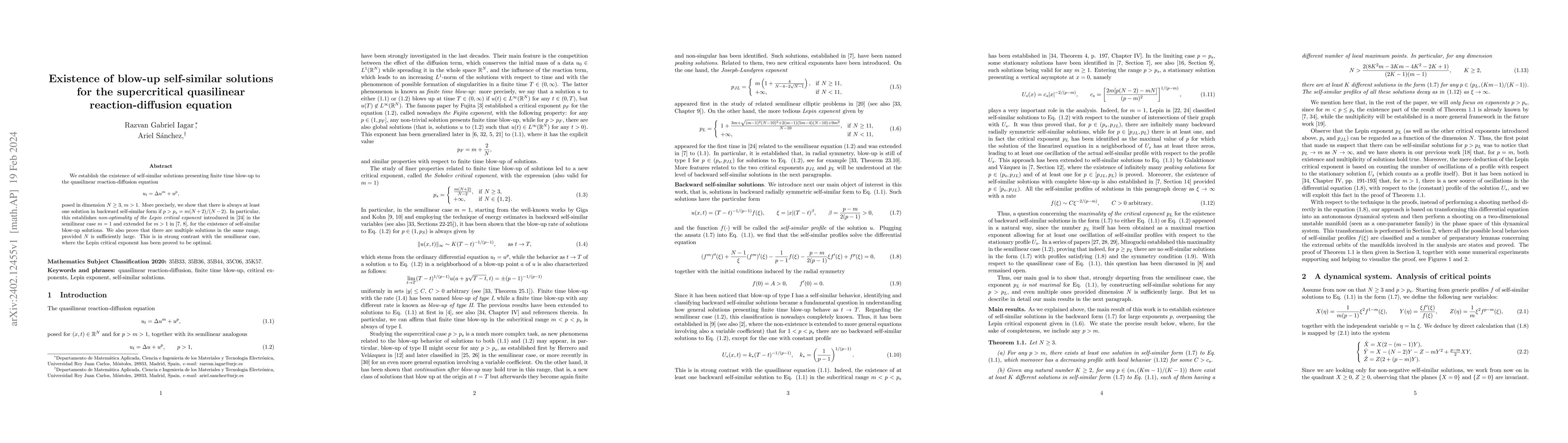 Thumbnail for Existence of blow-up self-similar solutions for the supercritical
  quasilinear reaction-diffusion equation