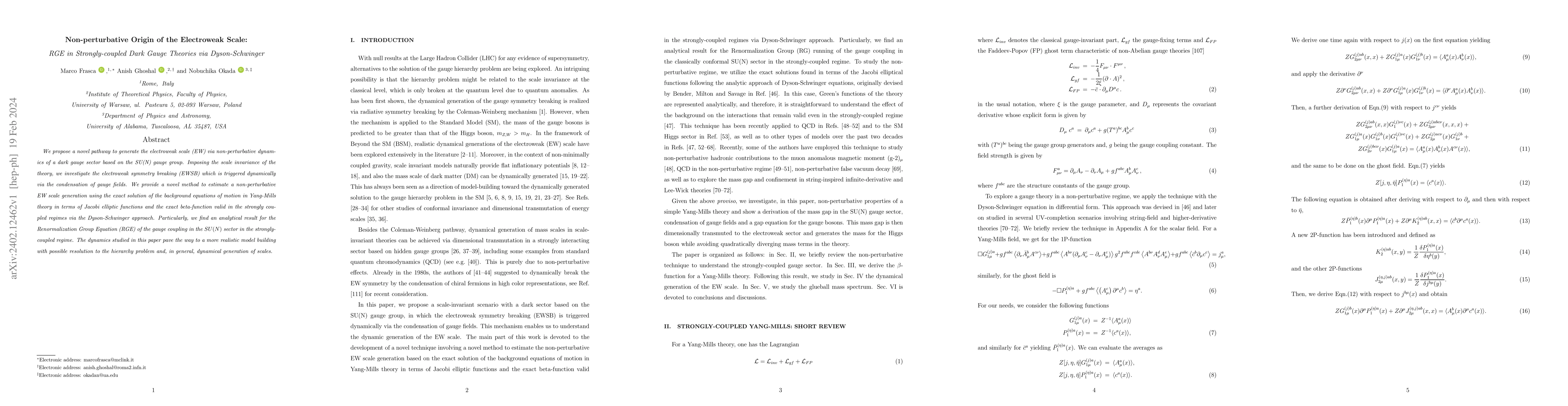 Thumbnail for Non-perturbative Origin of the Electroweak Scale: RGE in
  Strongly-coupled Dark Gauge Theories via Dyson-Schwinger