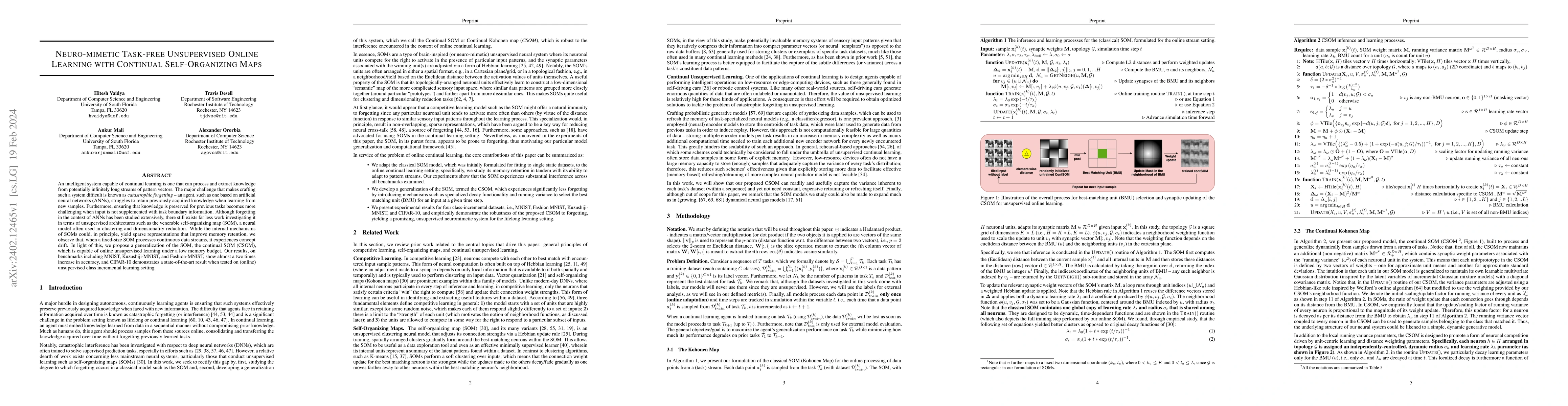 Thumbnail for Neuro-mimetic Task-free Unsupervised Online Learning with Continual
  Self-Organizing Maps