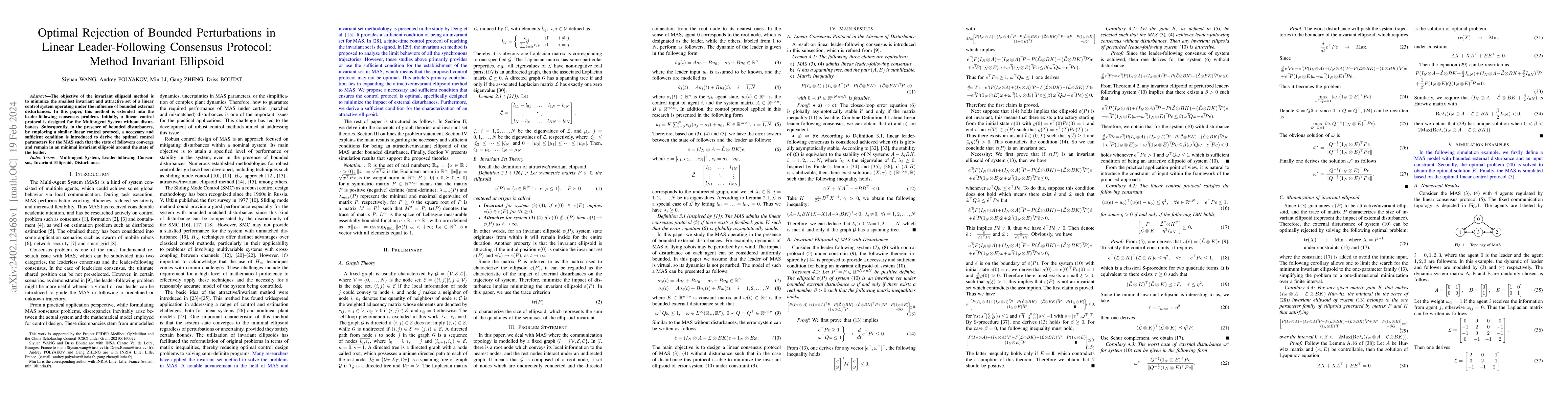 Thumbnail for Optimal Rejection of Bounded Perturbations in Linear Leader-Following
  Consensus Protocol: Method Invariant Ellipsoid