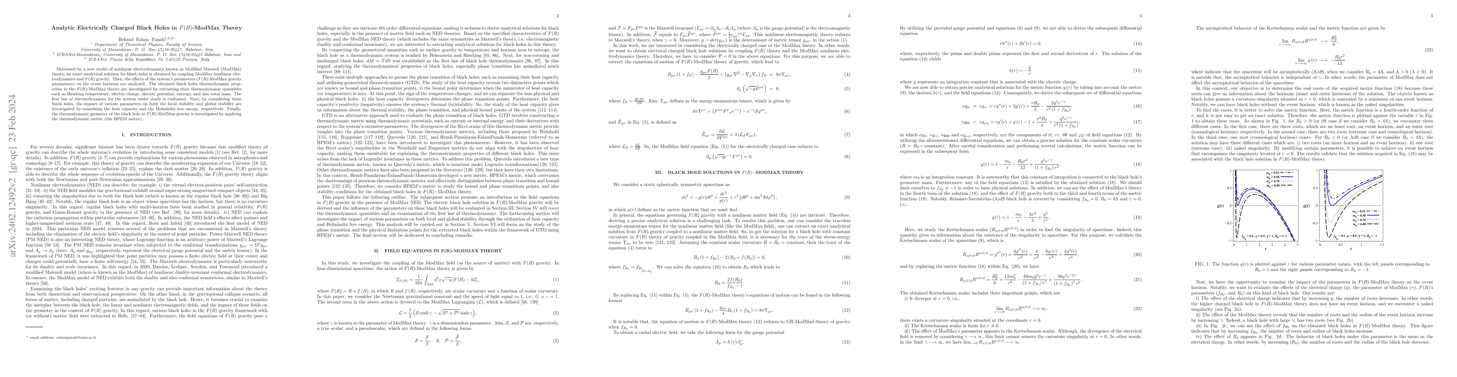 Thumbnail for Analytic Electrically Charged Black Holes in $F(R)$-ModMax Theory