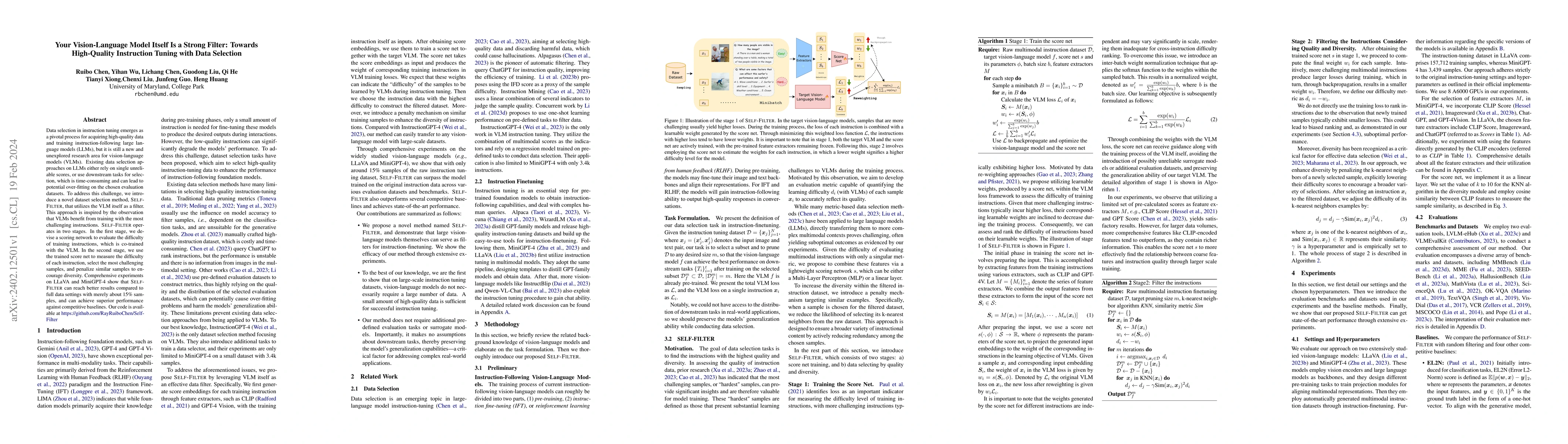 Thumbnail for Your Vision-Language Model Itself Is a Strong Filter: Towards
  High-Quality Instruction Tuning with Data Selection
