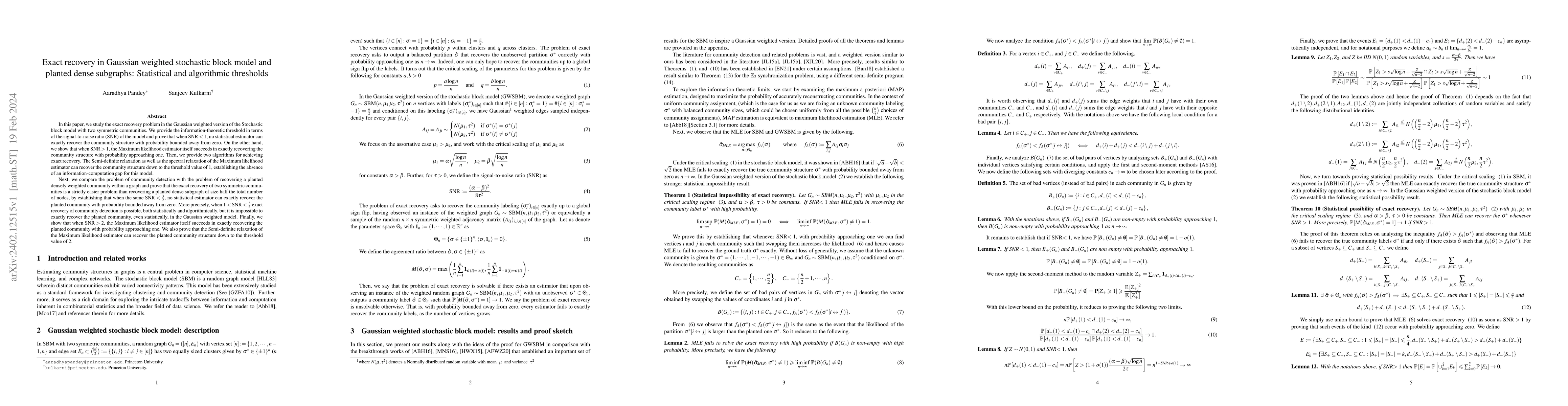 Thumbnail for Exact recovery in Gaussian weighted stochastic block model and planted
  dense subgraphs: Statistical and algorithmic thresholds
