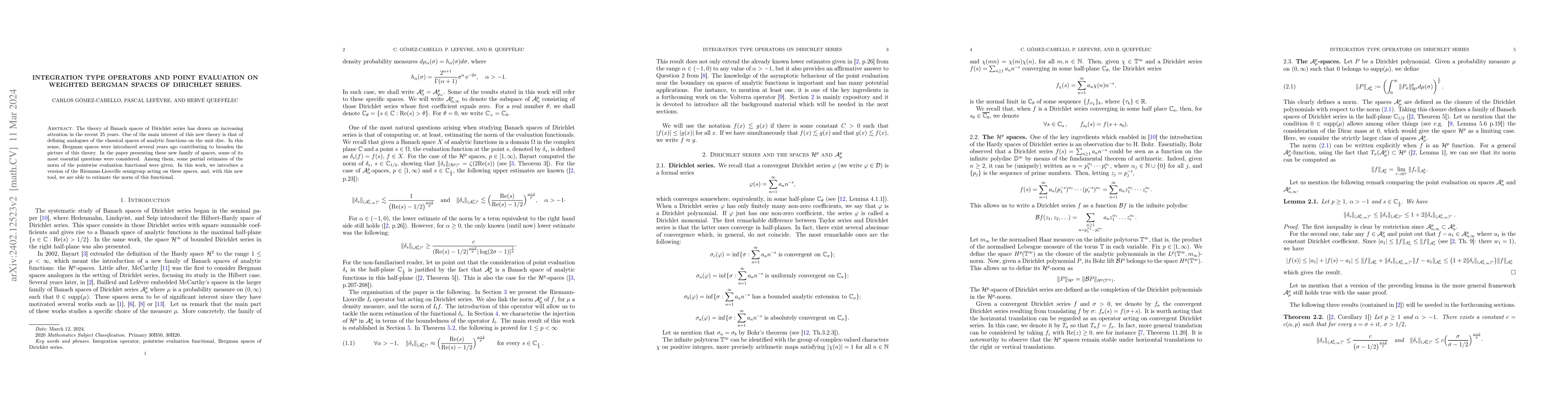Thumbnail for Integration type operators and point evaluation on weighted Bergman
  spaces of Dirichlet series