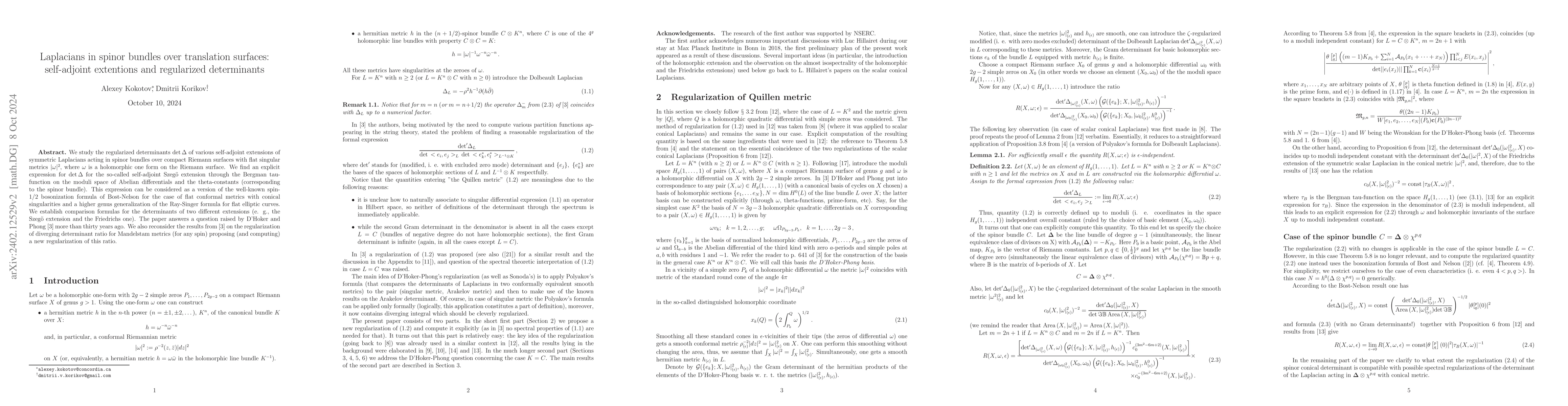 Thumbnail for Laplacians in spinor bundles over translation surfaces: self-adjoint
  extentions and regularized determinants