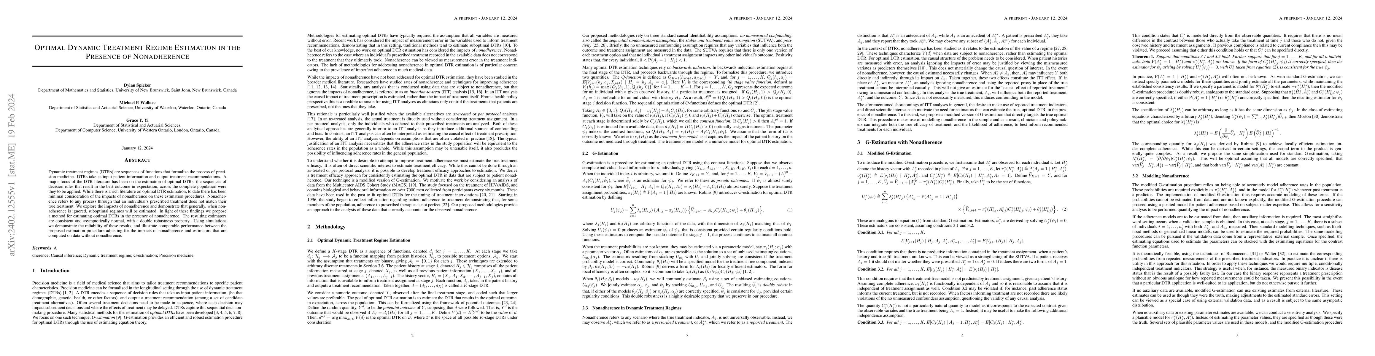 Thumbnail for Optimal Dynamic Treatment Regime Estimation in the Presence of
  Nonadherence