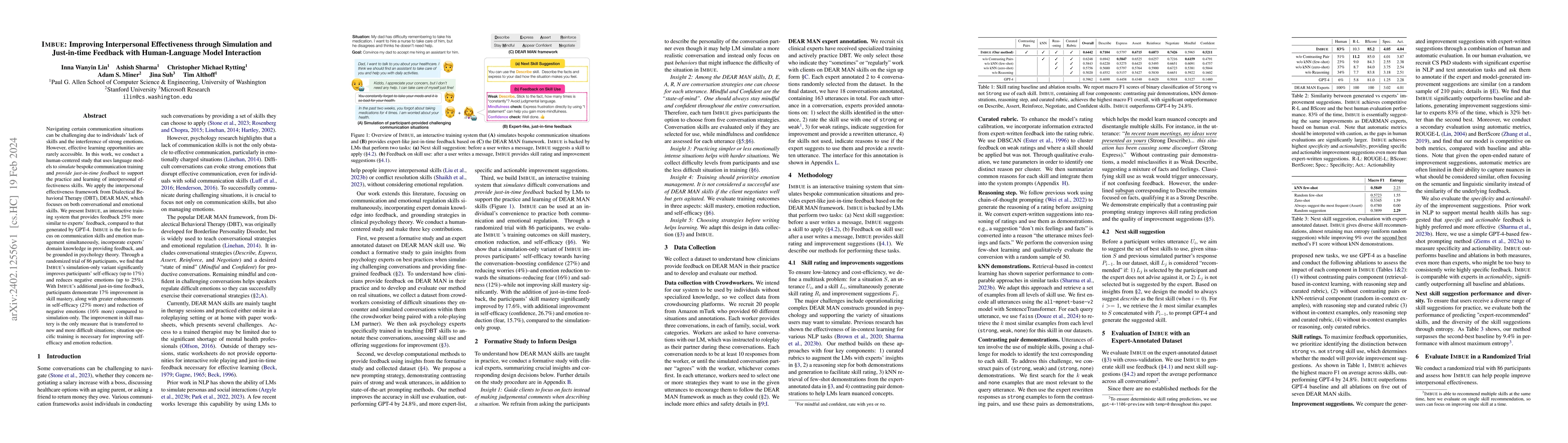 Thumbnail for IMBUE: Improving Interpersonal Effectiveness through Simulation and
  Just-in-time Feedback with Human-Language Model Interaction