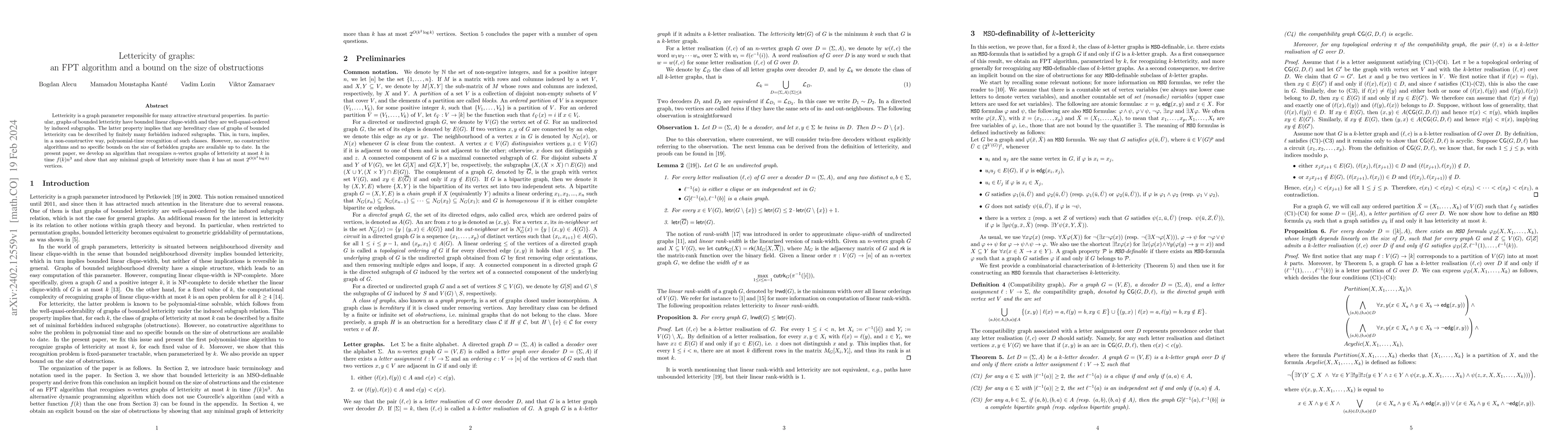Thumbnail for Lettericity of graphs: an FPT algorithm and a bound on the size of
  obstructions