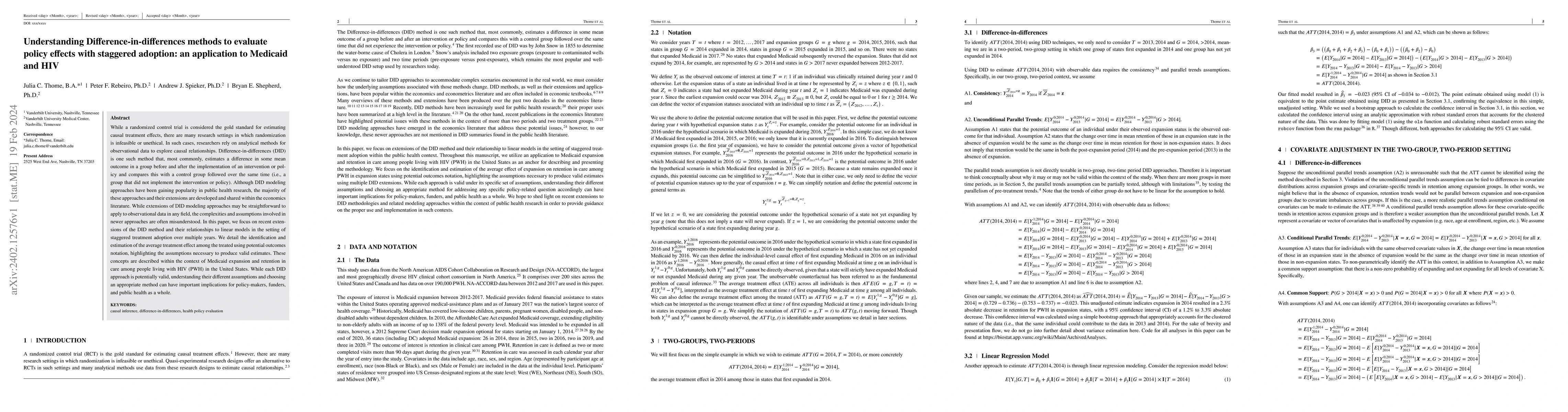 Thumbnail for Understanding Difference-in-differences methods to evaluate policy
  effects with staggered adoption: an application to Medicaid and HIV