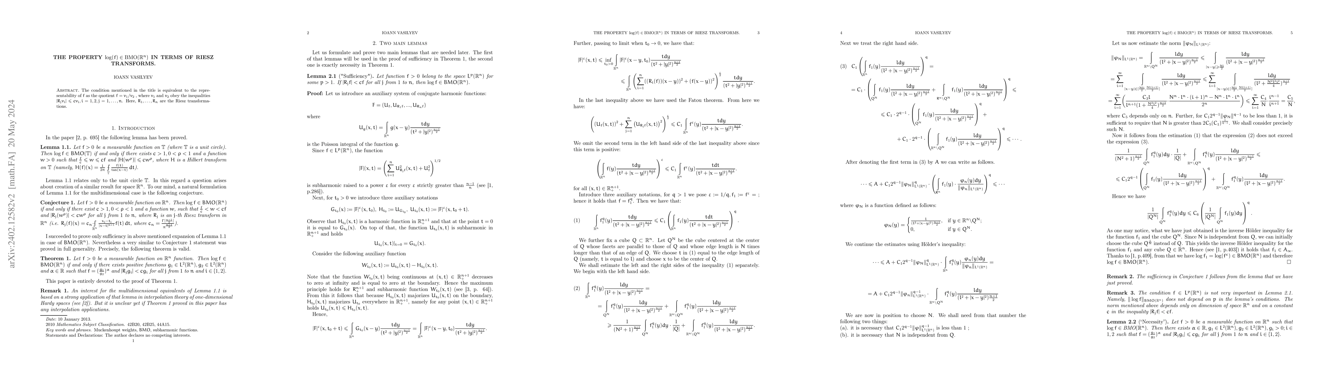 Thumbnail for The property $\log(f) \in BMO(\mathbb R^n)$ in terms of Riesz transforms