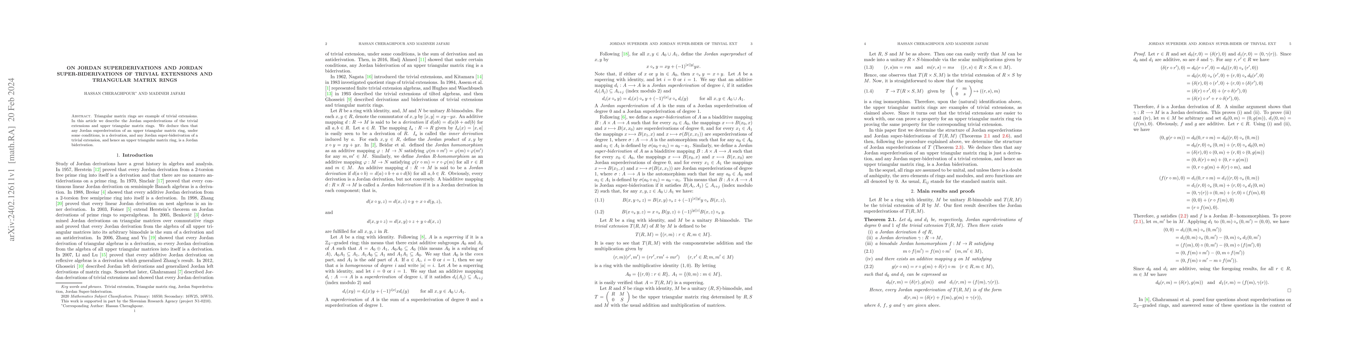 Thumbnail for On Jordan superderivations and Jordan super-biderivations of trivial
  extensions and triangular matrix rings