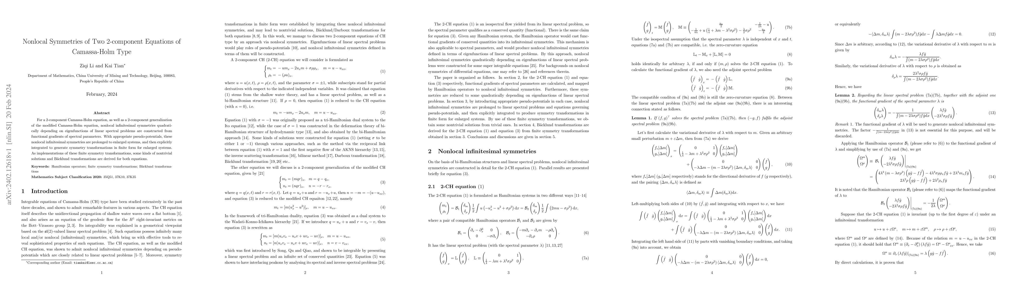 Thumbnail for Nonlocal Symmetries of Two 2-component Equations of Camassa-Holm Type