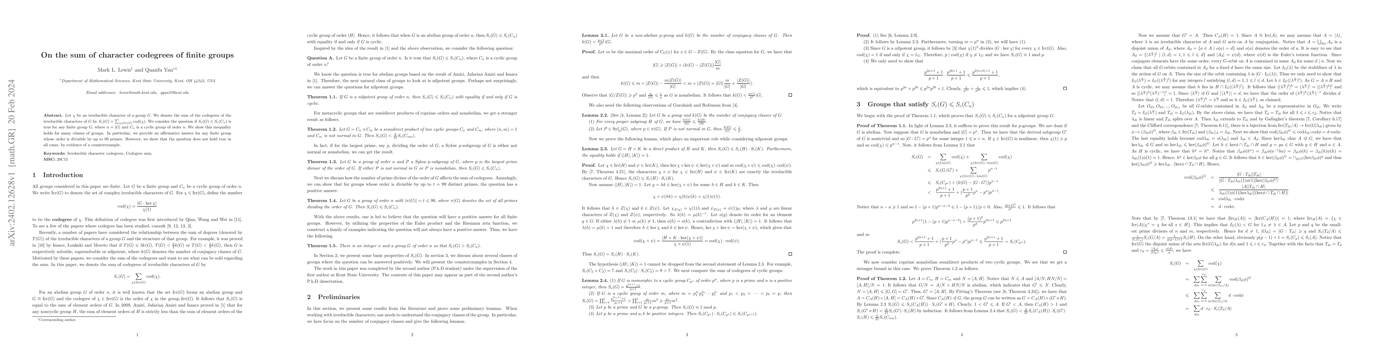 Thumbnail for On the sum of character codegrees of finite groups
