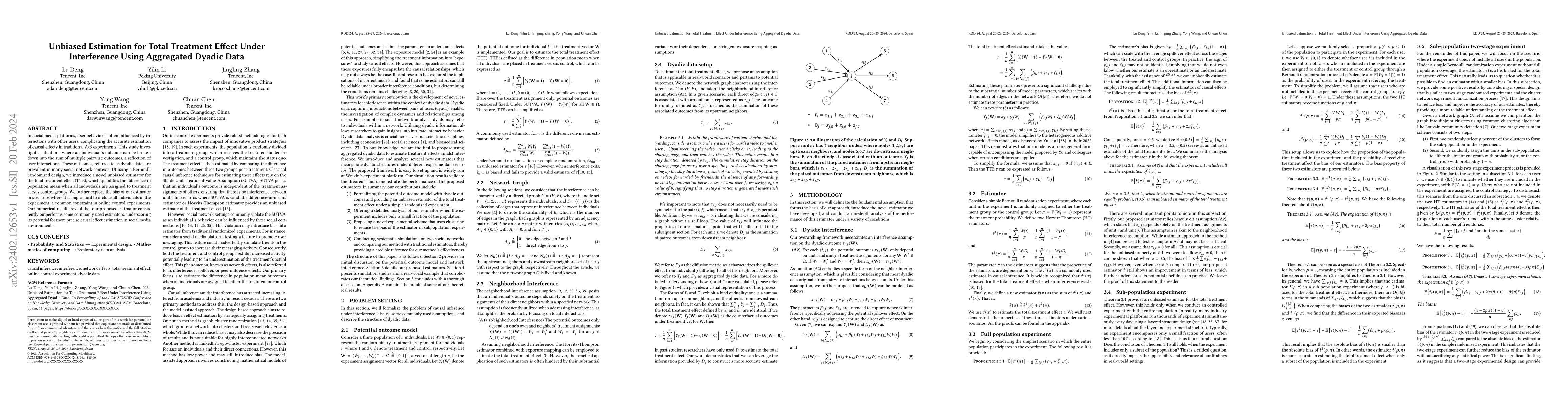 Thumbnail for Unbiased Estimation for Total Treatment Effect Under Interference Using
  Aggregated Dyadic Data