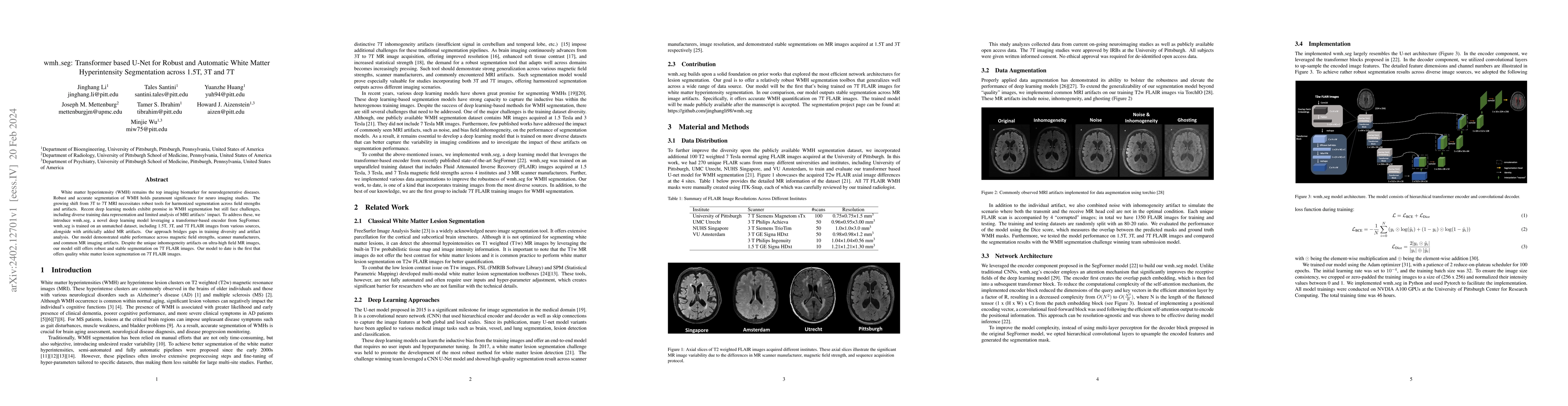 Thumbnail for wmh_seg: Transformer based U-Net for Robust and Automatic White Matter
  Hyperintensity Segmentation across 1.5T, 3T and 7T