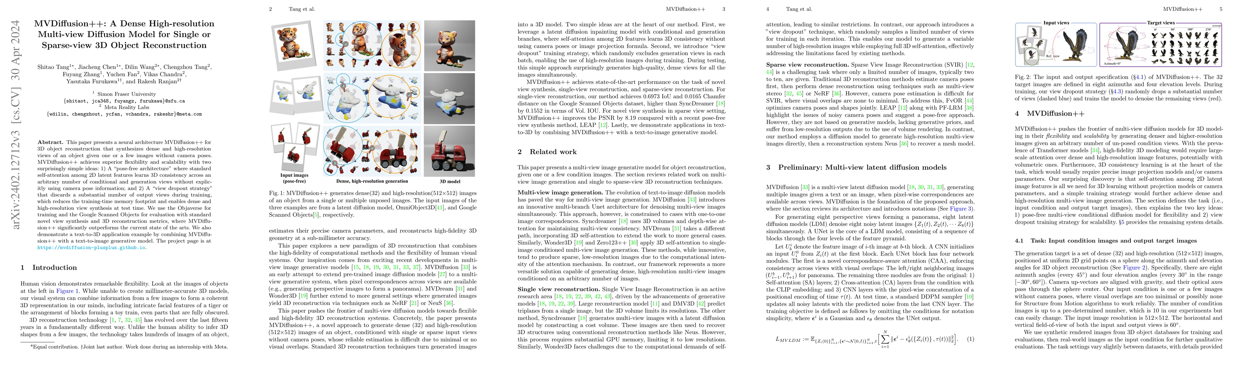 Thumbnail for MVDiffusion++: A Dense High-resolution Multi-view Diffusion Model for
  Single or Sparse-view 3D Object Reconstruction